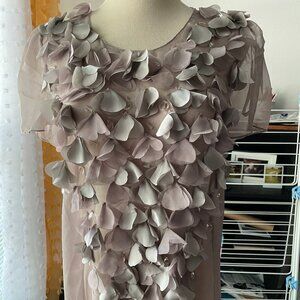Twelve by Twelve taupe ruffle and bead sheer top